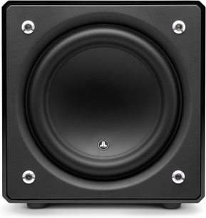 JL Audio E-Sub e112 melni laku klāts zemo frekvenču skaļrunis, skats no priekšpuses, kubveida forma, centrā melns matēts apaļš skaļrunis