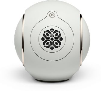 DEVIALET Phantom Ultimate 98 dB Light Pearl stereo, hvid højttaler, ægformet plastikskal, forfra, åben gitterfront