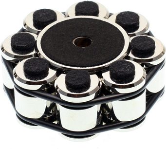 Prensa para prato de toca-discos Thorens Estabilizador cromado, vista superior, superfície circular preta com centro perfurado, 8 cilindros prateados rodeados por faixas pretas, topo dos cilindros coberto por pastilhas pretas