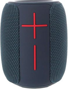 Bluetooth-højttaler Yourban Getone 25 blå, set forfra, tekstureret overflade, røde knapper i kryds, cylindrisk form