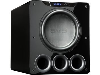 Subwoofer SVS PB16-Ultra w czarnym lakierowanym wykończeniu, widok z przodu, z centralnym okrągłym głośnikiem i trzema okrągłymi otworami bass-reflex