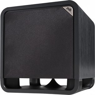 Polk Audio HTS 10 sort baskabin, set forfra, kubisk form, mat sort finish, sort gitter på forsiden