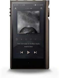 Audiofil bærbar afspiller Astell&Kern Kann MAX brun, skærm der viser Jorden, lydstyrkehjul, stik, industrielt design