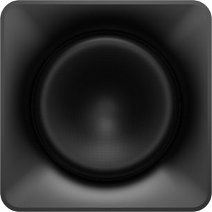 Klipsch Flexus SUB 200 sort mat plastik kabinet med afrundede hjørner og kvadratisk form, central cirkulær højttaler, forfra set