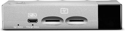Síťový audio přehrávač Chord Electronics 2 GO stříbrný, pohled zepředu, 2 USB porty, 1 HDMI port, 1 Ethernet port, 1 nabíjecí port