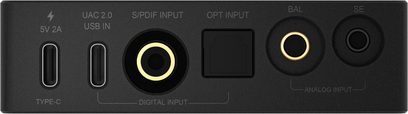 Panou de intrări al DAC-ului portabil Questyle SIGMA Pro, porturi USB-C, S/PDIF, optic, jack echilibrat de 4,4 mm și jack de 3,5 mm