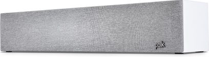 Polk Audio R350 vit centerhögtalare framifrån, grått galler, "polk"-logotyp nere till höger