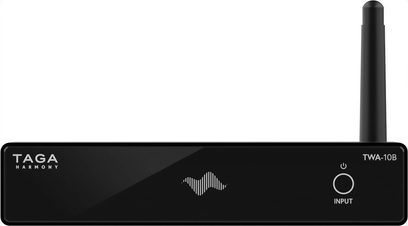 Taga Harmony TWA-10B netværksaudioafspiller i mat sort rektangulær form, hvidt logo, ledningsantenne på bagsiden