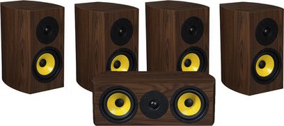 Sada regálových reproduktorů Davis Acoustics Pack Dufy + Centrale HD ořech, 5 tmavě dřevěných reproduktorů s černými a žlutými reproduktorovými měniči