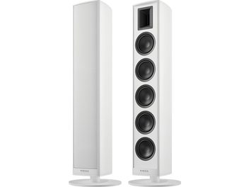 Incinte de podea Piega Premium 801 Gen2 albe, design subțire cu 4 difuzoare negre pe picior rotund
