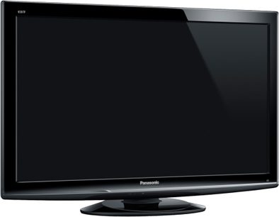 Panasonic TX-LF37S10 fladskærms-tv, slukket, set forfra, på sort stander