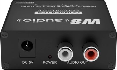 Wyrestorm EXP-CON-DAC-D fekete DAC audio átalakító, előlapon DC 5V, Power és Audio Out csatlakozókkal
