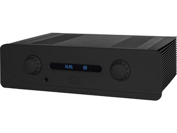 Hi-fi stereo forstærker Atoll Electronique IN400 Evolution sort, set forfra, to cirkulære knapper, centralt display viser "XLR1 22"