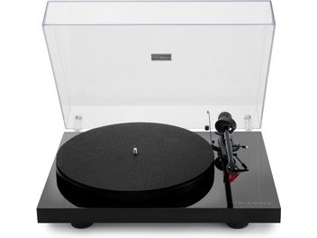 Hi-Fi-Plattenspieler Triangle Lunar 3 schwarz, Vorderansicht, hochgeklappter transparenter Deckel, schwarzer runder Plattenteller, Tonarm rechts