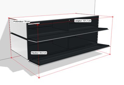 Sort TV-møbel med 2 niveauer med dimensioner, set forfra i perspektiv, på hvid baggrund med røde målingslinjer