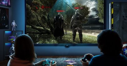 To personer der spiller et videospil på en skærm, der viser en futuristisk kampscene med soldater i rustning