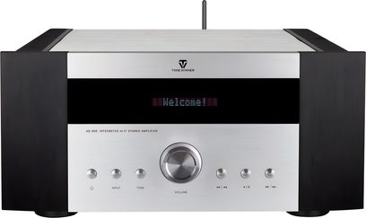 Stereo integreret forstærker Tonewinner AD-99D, front i børstet sølvfarvet aluminium, sorte sider, centralt display og stor volumenknap