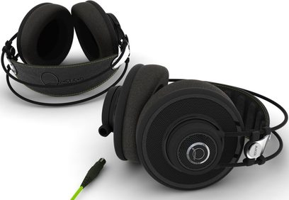 Åbent AKG Q 701 hovedsæt i sort, hovedbånd og ørepuder i læder, cirkulære transducere, aftagelig grøn flettet kabel
