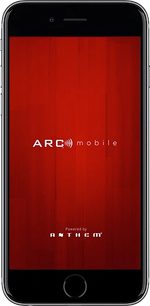 Černý smartphone s displejem zobrazujícím bílé logo „ARC mobile“ na jasně červeném pozadí, od Anthem