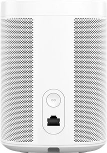 Trådløs, tilsluttet Sonos One (Gen 2) højttaler i mat hvid, set forfra, perforeret gitter, central knap, cylindrisk form