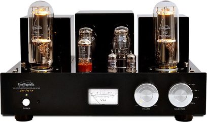 Line Magnetic LM-845IA sort rørvakuumforstærker, front med ravgule VU-metre, forkromede knapper, rørkappe