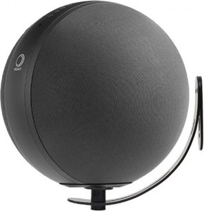 Black circular wall mount for speaker, shown in profile view, with curved mounting arm and flat base plate