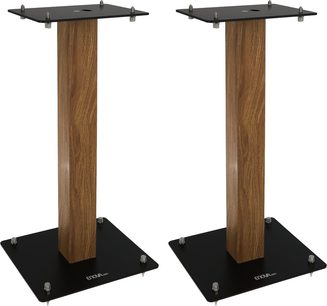 Enova HIFI MAJESTY 50 WD, 2 træhøjttalerstativer, set forfra, sorte firkantede baser og plader, metalbeslag