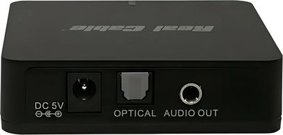 Ασύρματος πομπός Real Cable iPlug-BTR HD, μαύρο ματ πλαστικό περίβλημα, πίσω όψη, θύρες DC 5V, οπτική και ήχου 3,5 mm