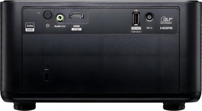 Videoproiettore Optoma Photon Life PH31 nero in plastica, vista posteriore, porte audio, HDMI, USB service e ingresso DC