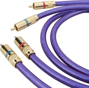 Fioletowy kabel audio RCA Van den Hul ze złoconymi wtykami i czerwonym oraz niebieskim oznaczeniem
