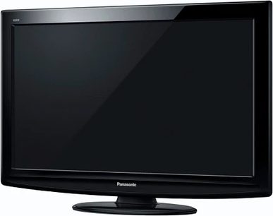 Panasonic TX-L32U2 fladskærms-tv i sort, set forfra, slukket, på en ensfarvet sort baggrund