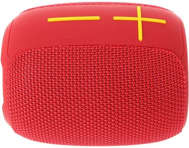 Bluetooth-højttaler Yourban Getone 25 rød, set forfra, vævet gitter, gule volumeknapper i kryds på toppen