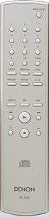 Grå Denon RC-1028 fjernbetjening med sorte knapper og LCD-skærm, set forfra