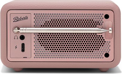 Rosafarbener vernetzter Lautsprecher Roberts Revival Petite 2, Gehäuse in Kunstleder, perforiertes Gitter, eingeklappte Antenne, USB‑C, Kopfhöreranschluss