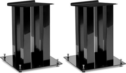 Par de soportes para altavoces Triangle S03 en negro brillante, con columnas verticales, plataformas rectangulares y puntas