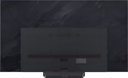 LG OLED65C5 fekete, matt televízió, lapos fém hátlappal, bemélyített LG OLED logóval és vékony vízszintes szellőzőrácsokkal, középső állványon, hátulról nézve