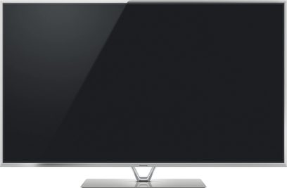 Panasonic TX-L60DT60E sort fladskærms-TV, slukket, set forfra og centreret, stående på en sølvfarvet metalstander