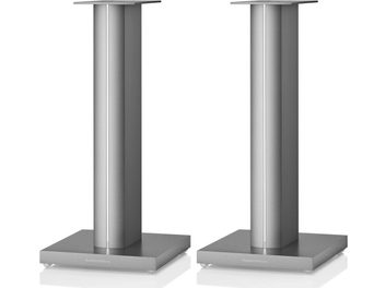 Twee Bowers & Wilkins FS 700 S3 luidsprekerstandaards in zilver, cilindrisch, van geborsteld metaal, op een witte achtergrond