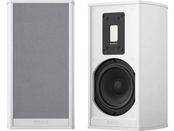 Bela brezžična povezana zvočnik Premium 301 Wireless Gen2, pogled od spredaj in iz treh četrtin, perforirana mreža, viden zvočnik