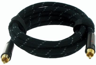 Sort flettet lydbakke med forgyldte RCA-stik, set forfra, rullet sammen