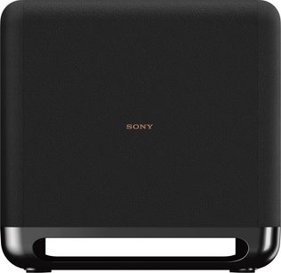 Μαύρο υπογούφερ Sony SA-SW5 με υφή δέρματος και χαλκόχρωμο λογότυπο στο κέντρο, γυαλιστερή πλαστική βάση με ορθογώνιο άνοιγμα, όψη από μπροστά