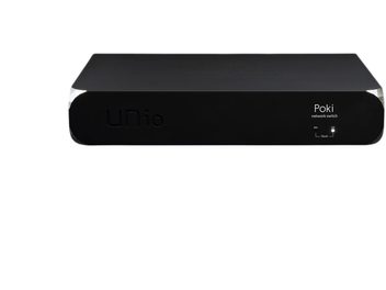 Black Unio Poki network switch, rectangular casing with rounded corners and front indicator light