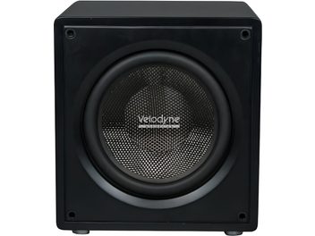 Subwoofer Velodyne VI-Q 15 negro visto de frente, gabinete cúbico brillante y altavoz central con membrana trenzada