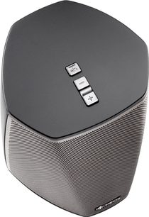 Trådløs forbundet Denon HEOS 1 HS2 højtaler i sort, set ovenfra, sekskantet form, sort gitter, sølvfarvede knapper