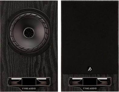 Bogreolshøjttaler Fyne Audio F5E, set forfra, mørk træfinish, centralt højttalerelement, aftagelig sort frontgrill