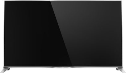 Philips 65PFS6659 sort fladskærms-TV, set forfra, med smal metallisk grå ramme og centralt placeret sølvfarvet fod