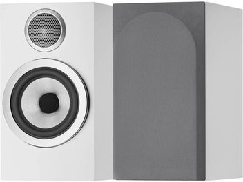 Bowers & Wilkins 707 S3 saten beyaz raf tipi hoparlör, görünür sürücüler ve çıkarılabilir gri ızgara ile görünüm