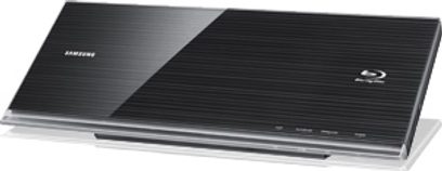 Samsung BD-C7500 4K Blu-ray-afspiller i sort, set fra oven i let fuglesperspektiv, forside med logo og kontrolknapper