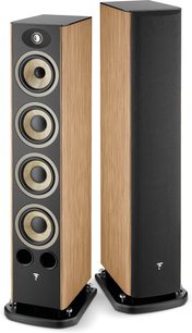 Zwei Focal Aria Evo X N°3 Standlautsprecher in Nussbaum, schwarze Fronten, 4 goldene Lautsprecher, Vorderansicht