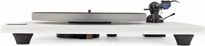 Tocadiscos Auris Audio Blues blanco, vista frontal, con plato gris y brazo de lectura negro a la derecha